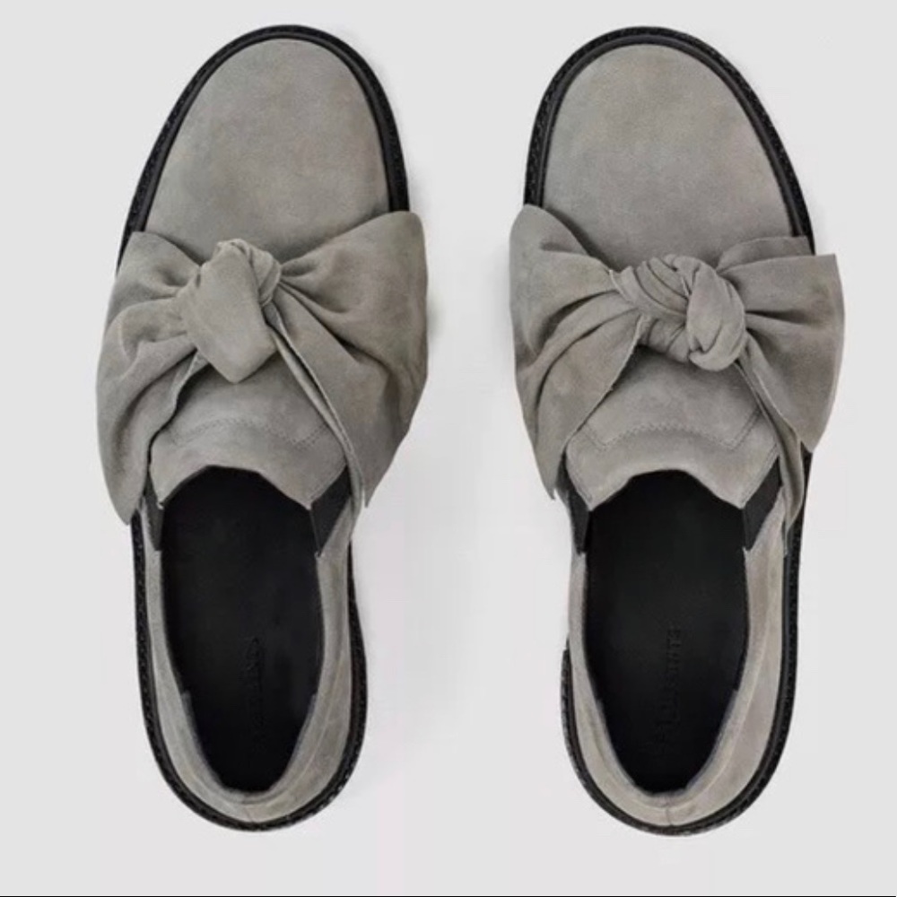 AllSaints Grey Suede Bow Slip ons